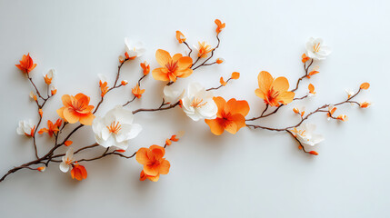 Beautiful orange and white paper flowers arranged on a smooth surface, showcasing intricate details and artistry