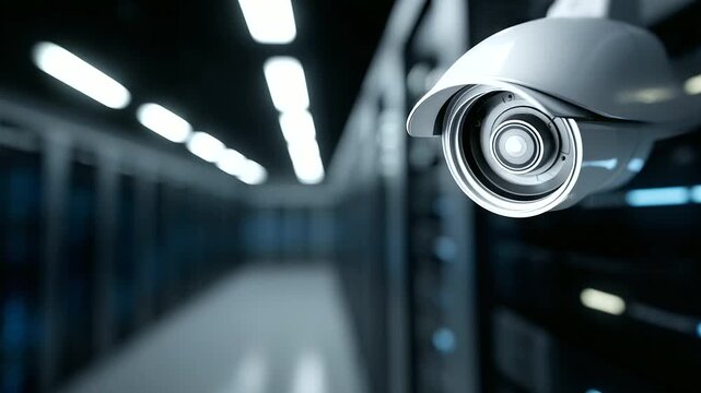 Empty futuristic data center with security camera and glowing racks, cyber protection concept secure server room, cybersecurity data center, glowing technology, IT infrastructure