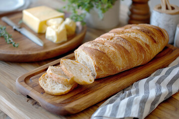 Freshly baked bread loaf with butter on wooden table