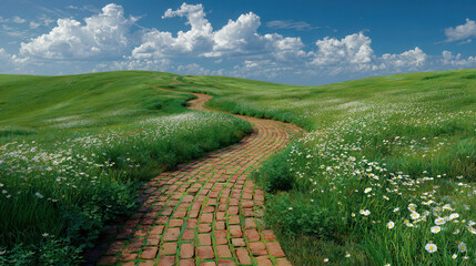 Scenic pathway through green hills under a blue sky with fluffy clouds on a sunny day