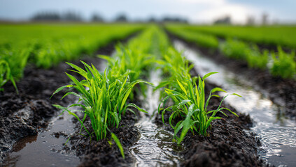 Green seedlings grow in wet soil on a farm field during a cloudy day in spring