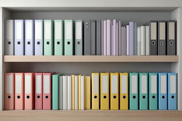Organized office binders and folders on wooden shelf