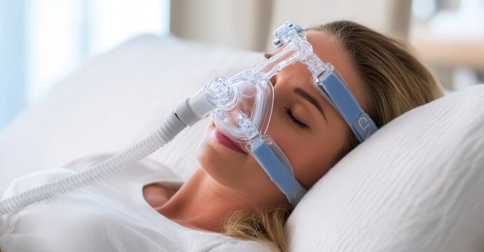 Woman using CPAP machine for sleep apnea therapy at home in a comfortable setting
