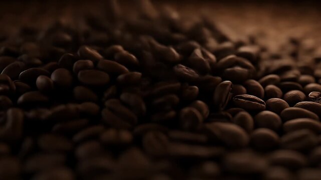Numerous roasted coffee beans are densely packed together, creating a textured, natural background.