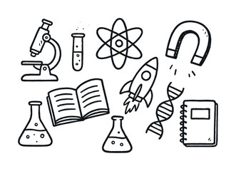 Vector Science icons: microscope, dna, atom, rocket, magnet, lab equipment, books