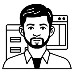 A vector icon set illustrates various web and business symbols with a black silhouette design