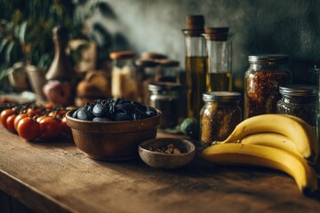 Still life of assorted food items on rustic wooden counter