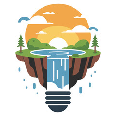 An artistic lightbulb with a scenic environment within it. The image features a sunrise, clouds, water, trees, and waterfall
