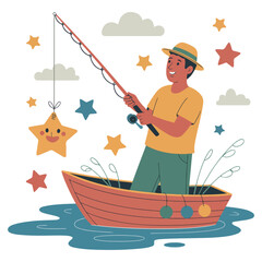 A whimsical illustration of a person fishing for stars from a boat, in a playful, dreamlike scene. The person is casting their fishing rod toward a cute, smiling star