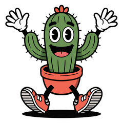 A happy cartoon cactus wearing shoes and smiling cheerfully