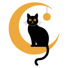 A charming illustration of a black cat perched on a crescent moon. The cat gazes forward with attentive eyes, and there's a star dangling from the moon, creating a whimsical and enchanting atmosphere.
