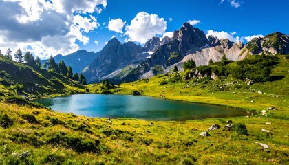 A vibrant alpine lake mirrors jagged peaks under a partly cloudy sky, surrounded by lush meadows