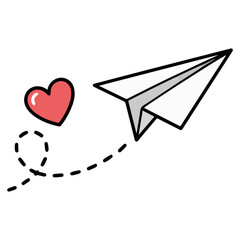 Paper airplane soaring towards a red heart, symbolizing love and travel