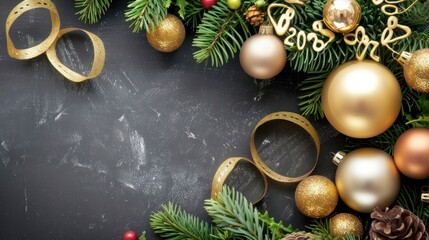 Festive Christmas Decorations with Gold and Pink Baubles Pine Branches and Ribbons on Dark Background