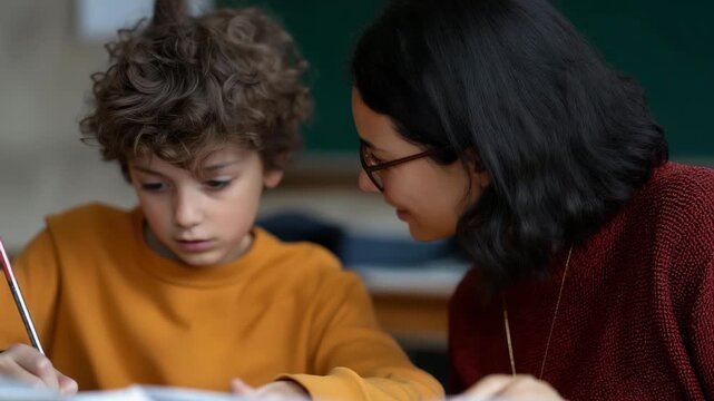 An engaged teacher assists a young student working on an assignment, representing the important relationship in education through guidance, support, and shared learning moments.