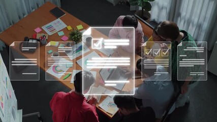 A diverse team engages in collaborative business strategy planning in a modern office, enhanced by digital overlays illustrating data analysis and project management. Raster - Powered by Adobe