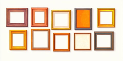 Empty square frames gallery collection design art. Frames form a display on the wall. Decoration and art display create a minimal, modern gallery context, stylish arrangement, home interior