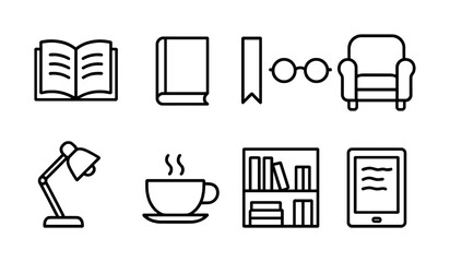 Library icons set: books, furniture, and accessories in minimalist design
