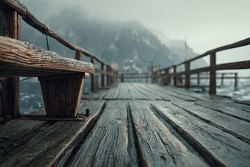Naklejka premium Wooden pier leading to misty mountains