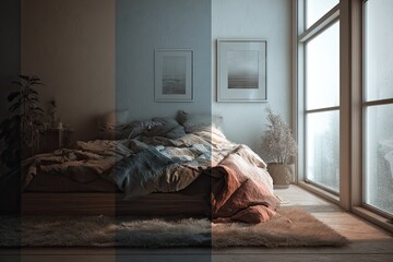 Interior bedroom scene with color variations