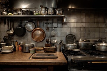 Rustic kitchen interior, filled with vintage cookware