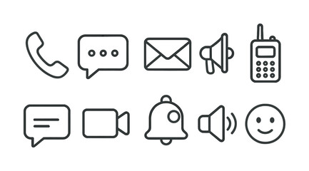 Communication icons set: phone, message, email, megaphone, radio, video, bell, sound, smile