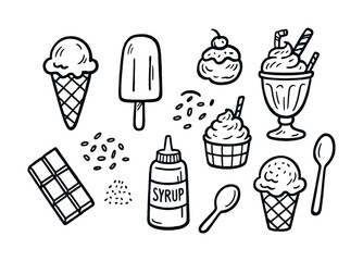 Hand-drawn ice cream desserts with cones, sundae, popsicle, and toppings