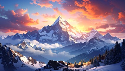 Stunning vista of majestic snow-capped peaks at sunrise, bathed in golden hues and layered with whisps of clouds