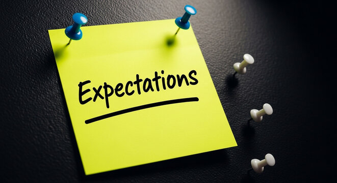 Yellow sticky note with the word expectations written on it pinned to a dark background