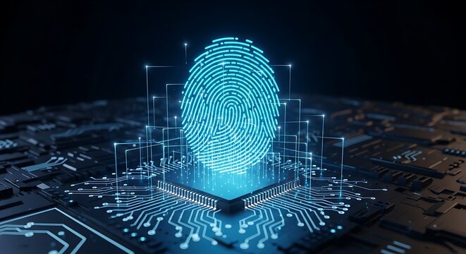 High quality image of digital fingerprint security concept with a glowing blue thumbprint emerging from a microchip on a circuit board