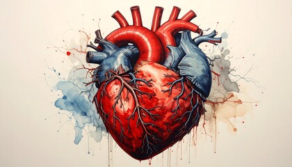 A vibrant watercolor depiction of a human heart, with red and blue hues and intricate veins and splashes