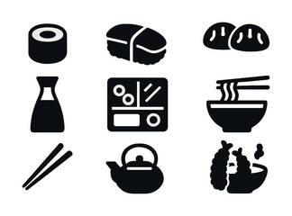 Japanese cuisine icon set: sushi, ramen, teapot, chopsticks and bento