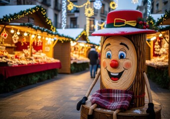 Obraz premium Festive market scene featuring a smiling wood character under twinkling lights
