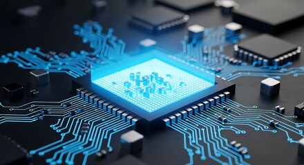 High quality image of closeup view of a glowing blue central processing unit cpu on a complex circuit board, symbolizing advanced computing power and technology