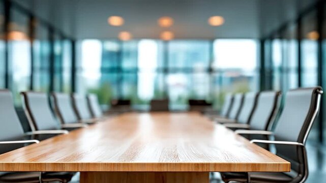 A conference room with a long wooden table and grey chairs facing it A wall of windows is in the background showing cityscape