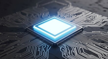 High quality image of a detailed macro photograph of a central processing unit cpu with a bright blue illuminated core, set against a backdrop of complex circuitry