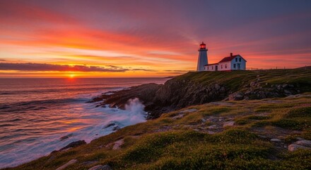 Coastal beacon against dramatic sunrise, inspiring maritime landscape