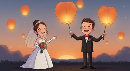 Couple releasing lanterns at sunset illustration wedding celebration theme