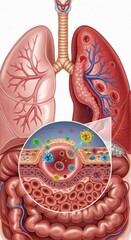 Pulmonary infection anatomy, with pathogens and magnified section image