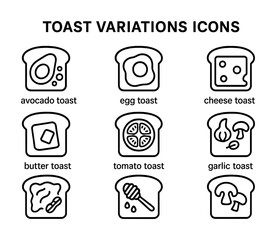 Assorted toast icons: avocado, egg, cheese, butter, tomato, garlic, honey, mushroom