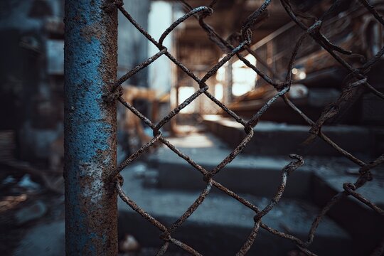 Rusty chain-link fence obscuring a dilapidated interior