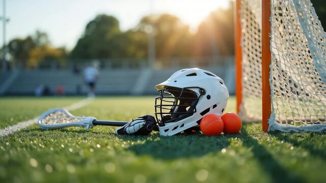 Lacrosse Gear Featuring a Helmet and Balls on the Field in Sunset Light for Sports Blogs, Team Promotion, Coaching Websites, and Athletic Training Videos
