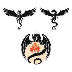 Set of Black Dragon Silhouettes Featuring Winged Dragon Breathing Fire and Mystical Designs for Fantasy Artwork and Illustrations