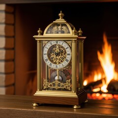 Intricate golden mantel clock near cozy fireplace, depicting timeless elegance