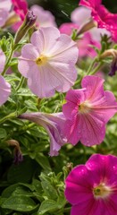 Delicate petunia blooms glistening with fresh raindrops, a vibrant spring