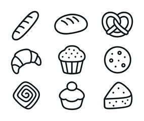 Assorted baked goods line art: bread, pretzel, croissant, cupcake, cookie, pastry