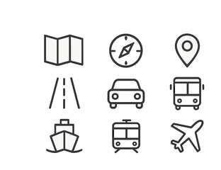 Transportation and navigation icons: map, compass, car, bus, ship, train, airplane