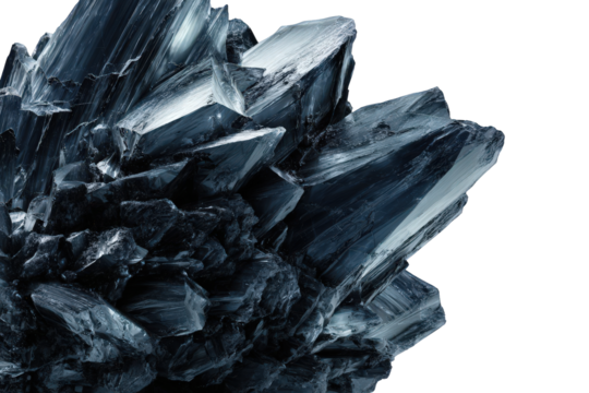 Close Up View of a Crystalline Mineral Formation Against a Black Backdrop Highlighting Metallic Blue and Gray Tones