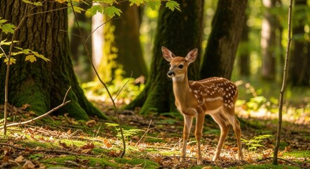 Delicate fawn bathed in light, exploring the shaded forest floor