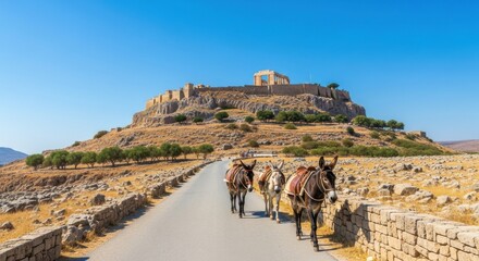 Donkeys strolling towards the Lindos Acropolis under a radiant clear blue sky